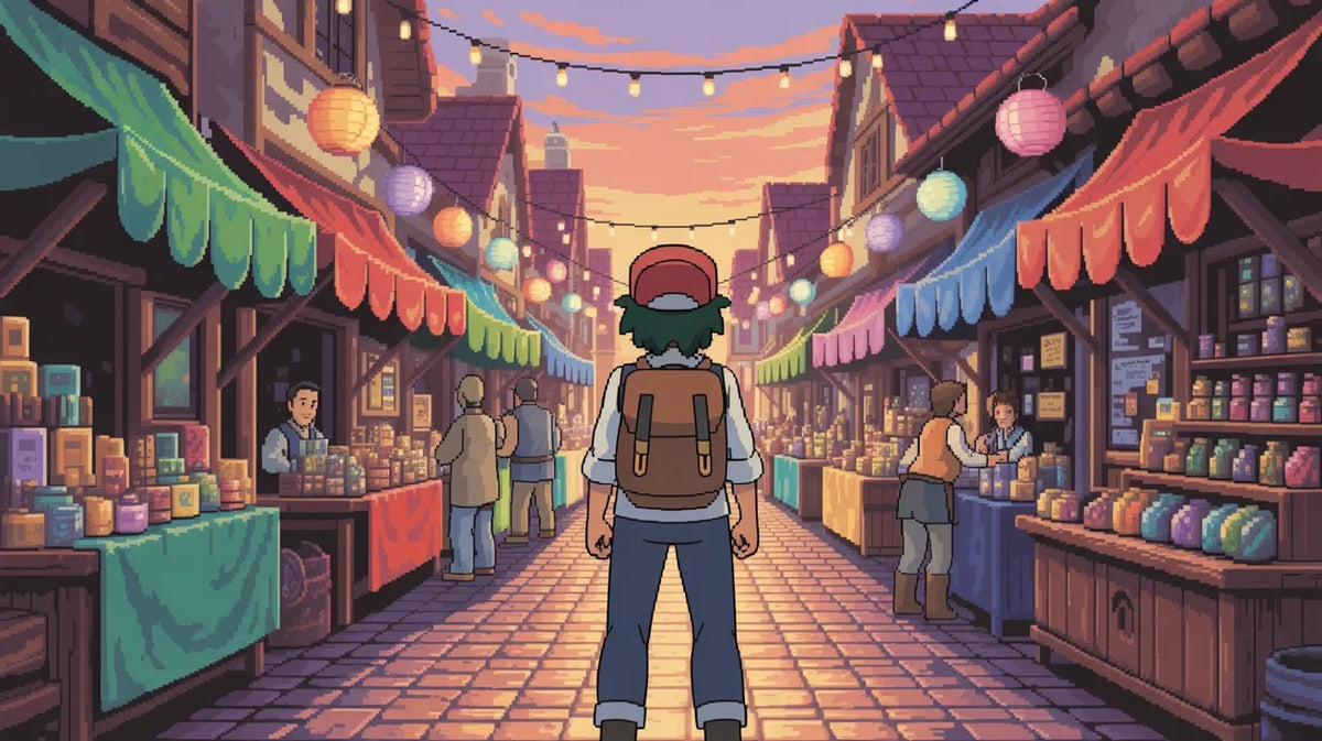 Illustration pixel art dresseur Pokémon dans un marché de produits - Guide produits Pokémon par Sneyzen Corp.
