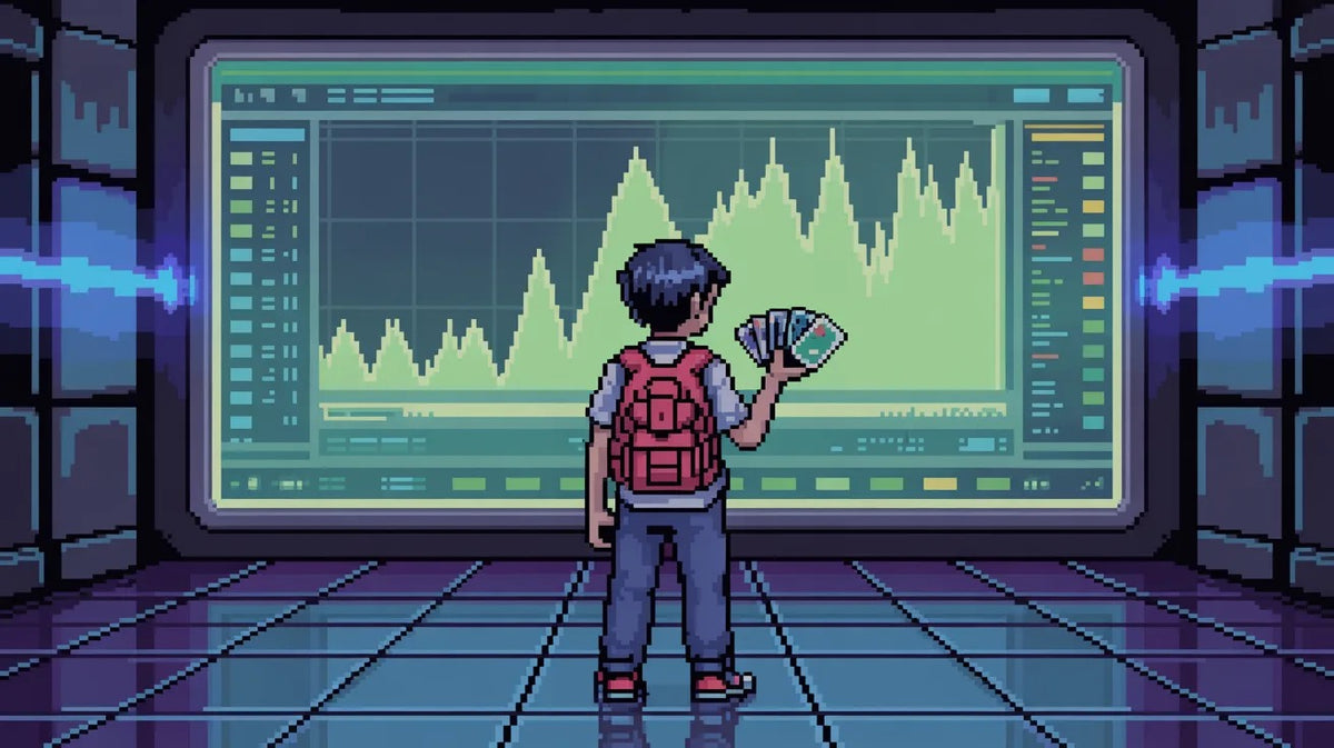Illustration pixel art dresseur Pokémon analysant la valeur de ses cartes - Guide estimation cartes Pokémon par Sneyzen Corp.