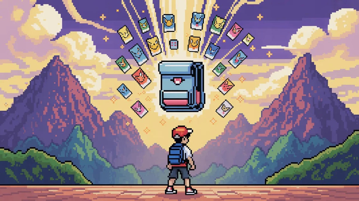 Illustration pixel art dresseur Pokémon découvrant une nouvelle extension de cartes - Guide extensions Pokémon par Sneyzen Corp.