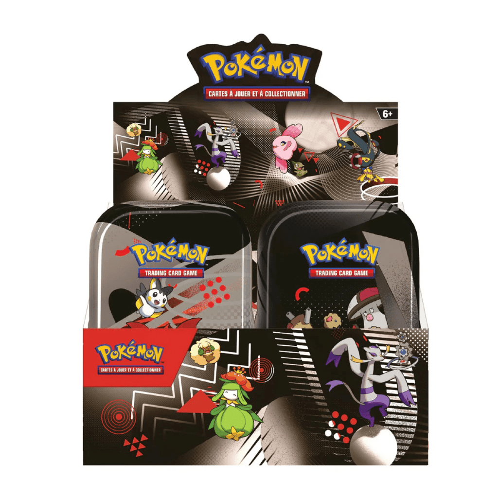 Display Pokémon EV10.5 Flamme Blanche et Foudre Noire avec 8 Mini Tins neuves et scellées, sur Sneyzencorp.com