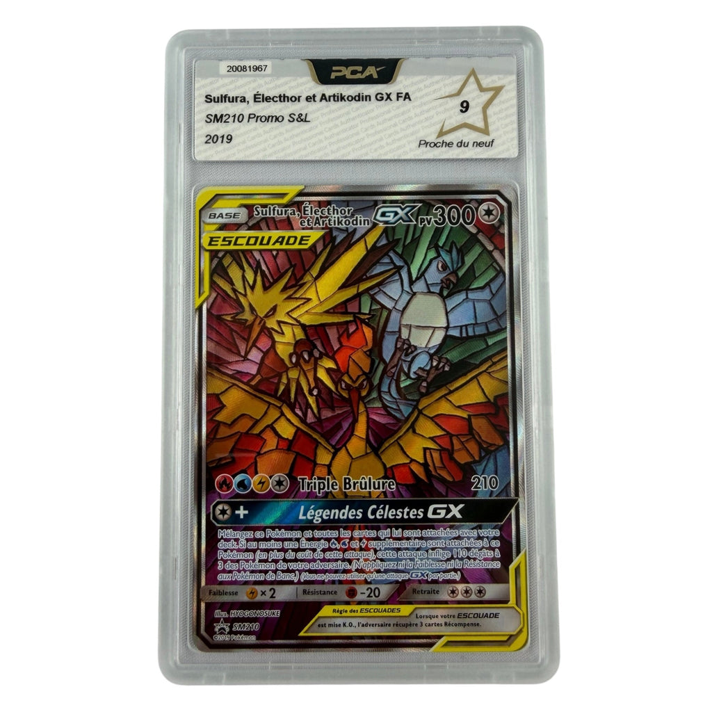Carte Pokémon gradée Sulfura Electhor et Artikodin GX SM210 PCA 9.5 – recto | Sneyzencorp