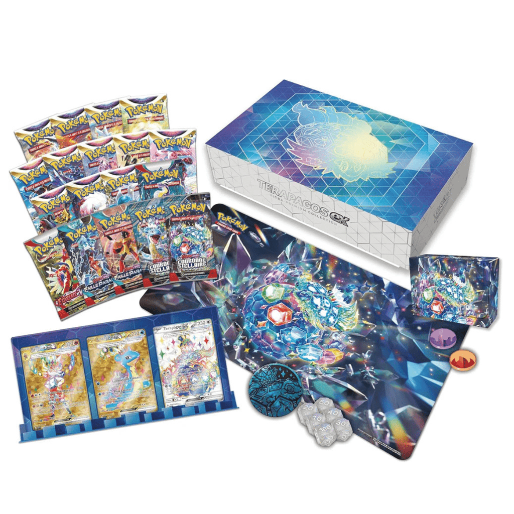 Coffret Ultra Premium Pokémon Terapagos neuf et scellé en français, produit officiel à collectionner sur Sneyzencorp.com
