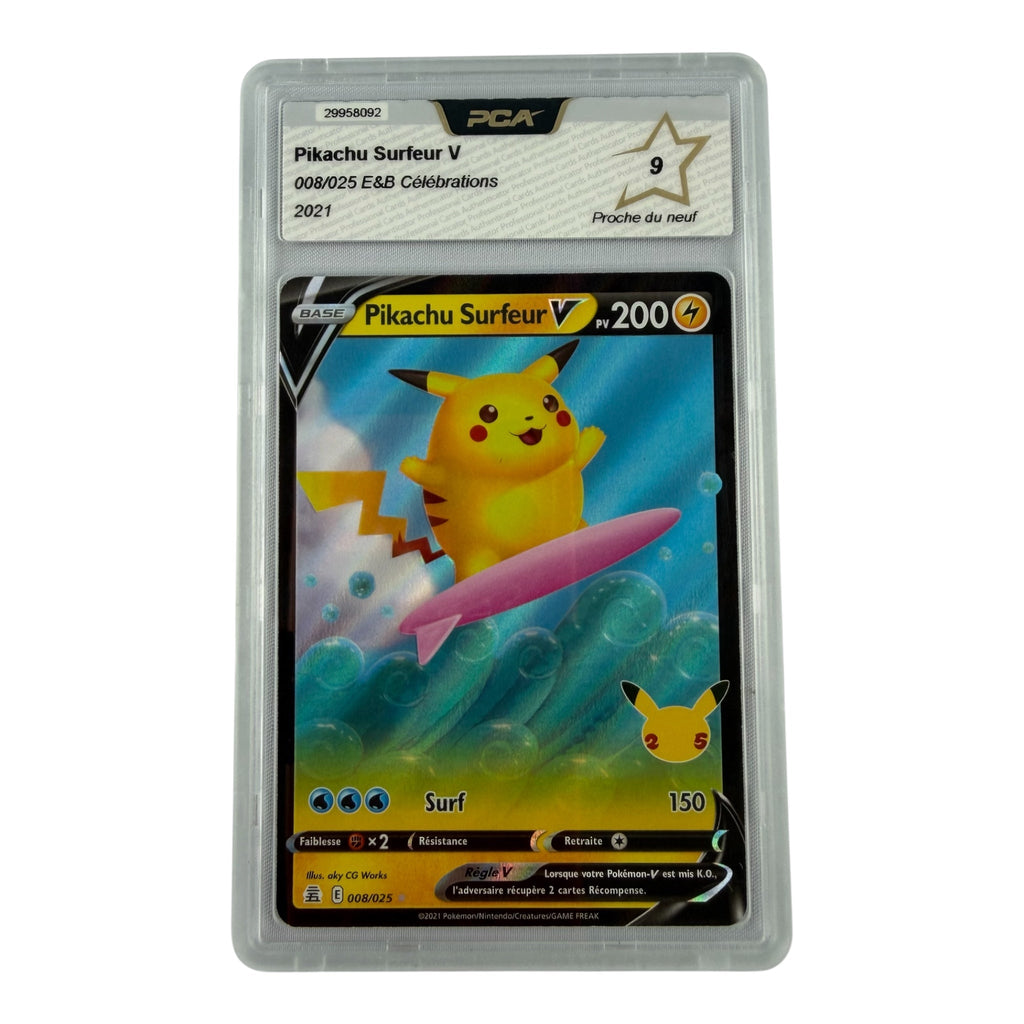 Carte Pokémon gradée Pikachu Surfeur V 008/025 PCA 9 – recto | Sneyzencorp