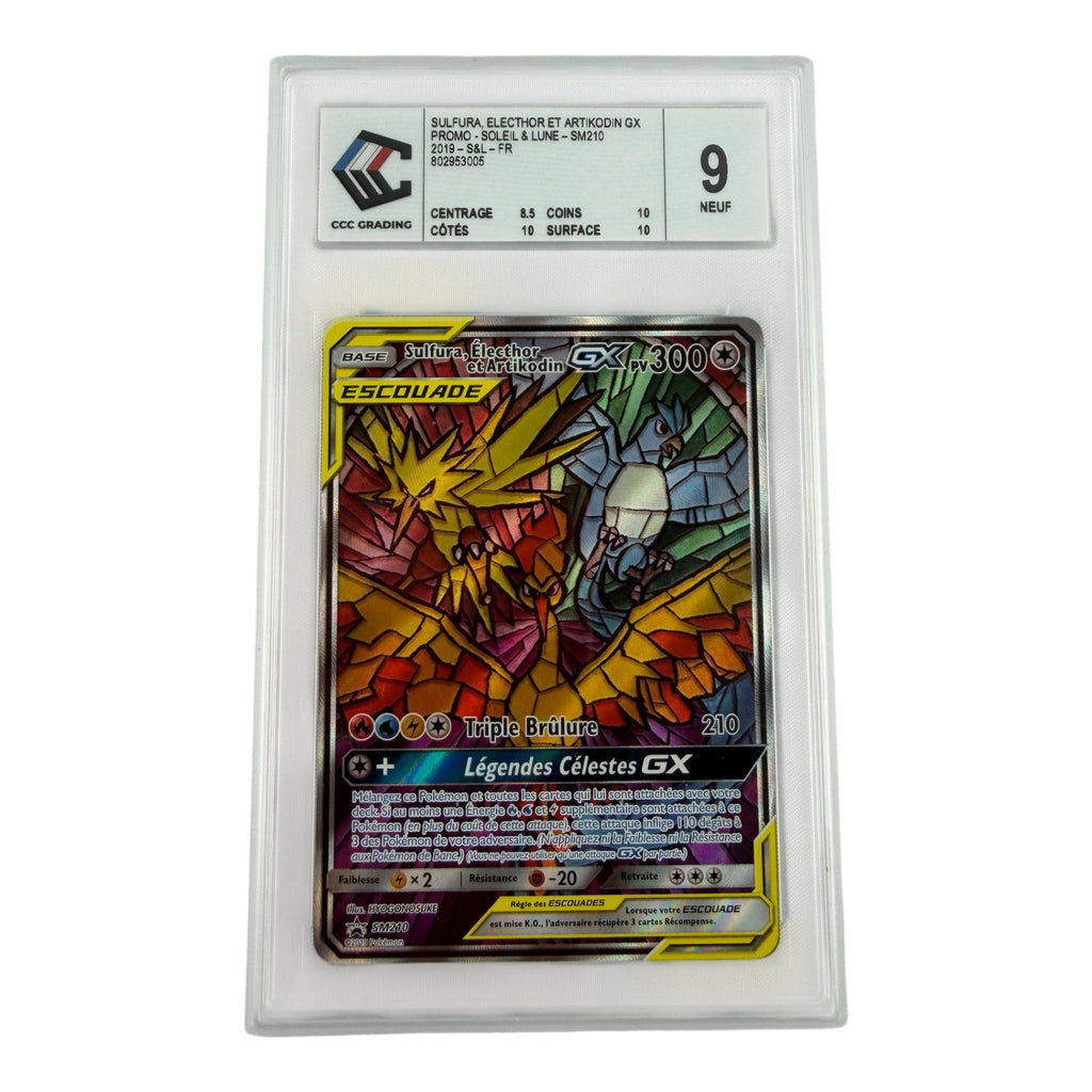 Carte Pokémon gradée Sulfura Electhor et Artikodin GX SM210 CCC 9 – recto | Sneyzencorp
