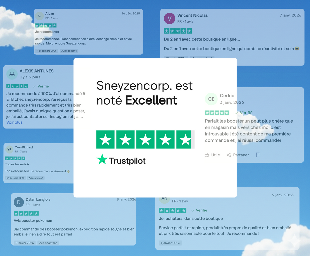 Sneyzen Corp. avis clients Trustpilot - boutique coffrets Pokémon notée Excellent, 4,8 sur 5