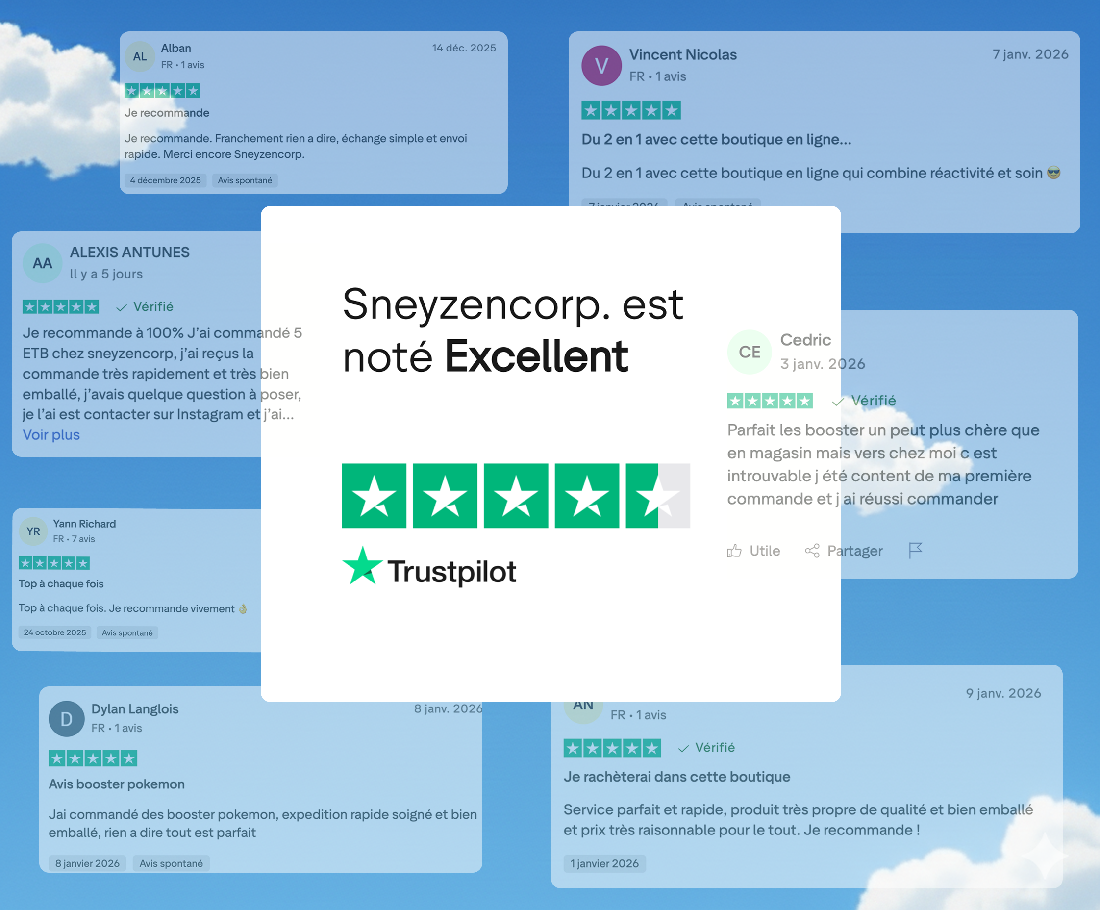 Sneyzen Corp. avis clients Trustpilot - boutique coffrets Pokémon notée Excellent 