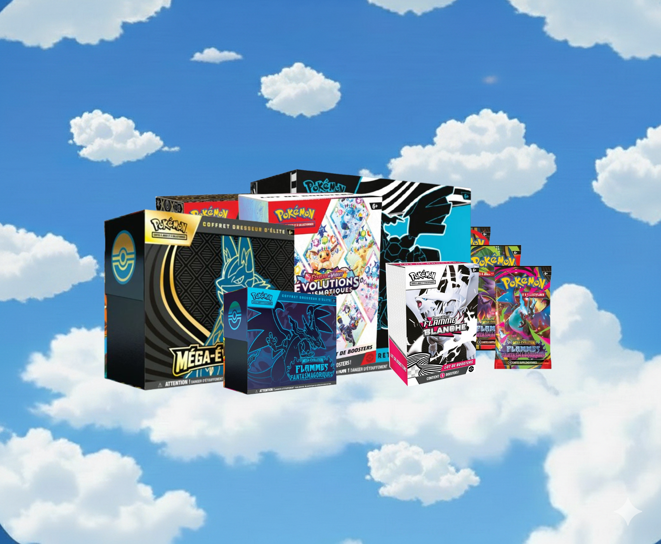 Sélection de boosters et coffrets Pokémon - Flammes Blanches, Méga-Évolution, Évolutions Prismatiques - Sneyzen Corp.
